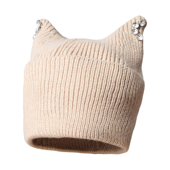 KelaJuan Women Fashion Beanie Cute Ears Knitted Hat Rhinestone Decor Cap Autumn Winter Warm Beanie