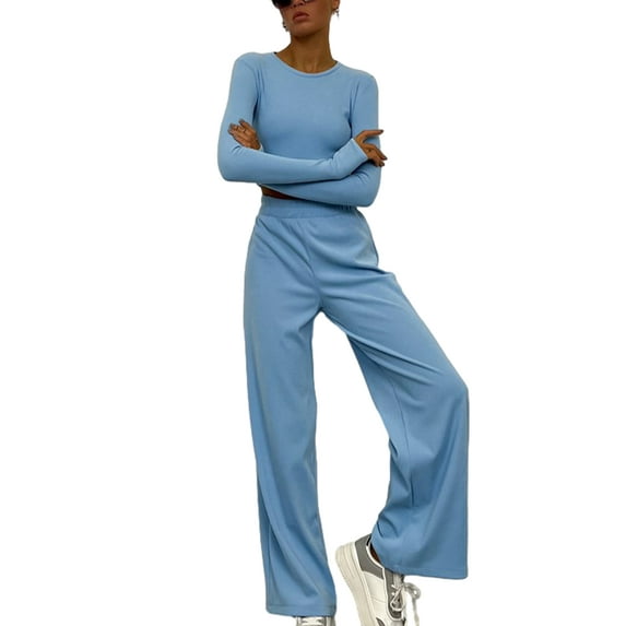 KelaJuan Women Fashion Casual Pants Set, Solid Long Sleeve Crew Neck Crop Top with High Waist Pants Fall Outfit,Sizes S-XL