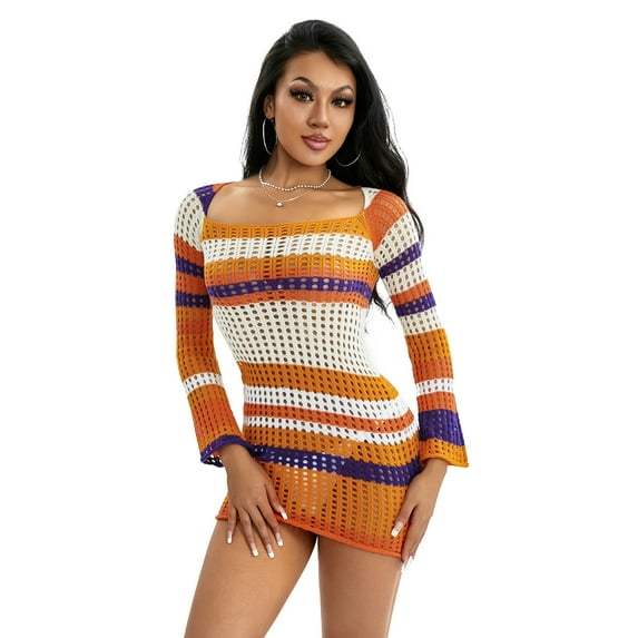 KelaJuan Women Knit Bodycon Dress, Long Sleeve Striped Hollowed Slim Fit Dress for Club Party