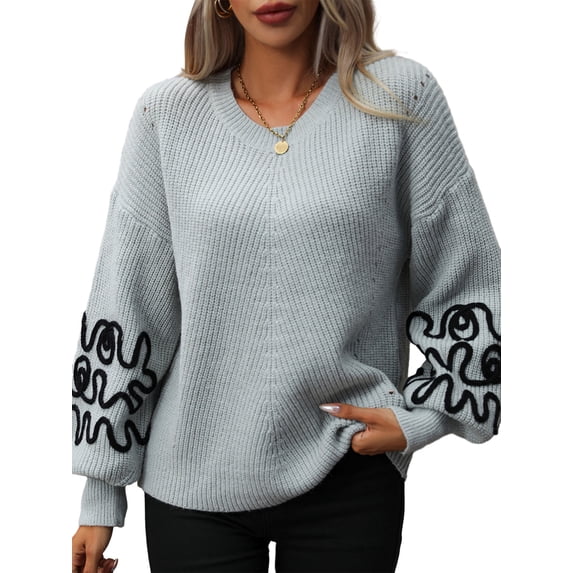 KelaJuan Women Knit Sweater Long Sleeve Crew Neck Abstract Lines Loose Pullover Warm Sweater for Fall Winter