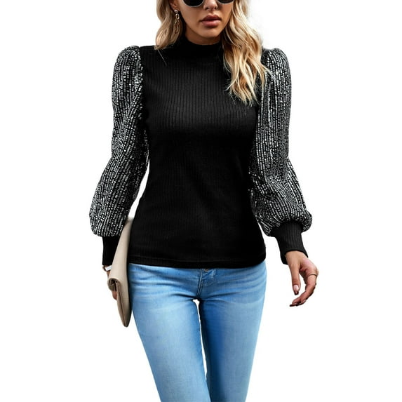 KelaJuan Women Knit Tops, Long Sleeve T-shirt Turtleneck Shiny Sequined Fall Streetwear for Casual Daily