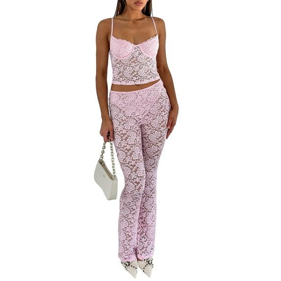 KelaJuan Women Lace Outfit, Low-cut Backless Camisole with Low Waist Pants Summer Sheer Outfit