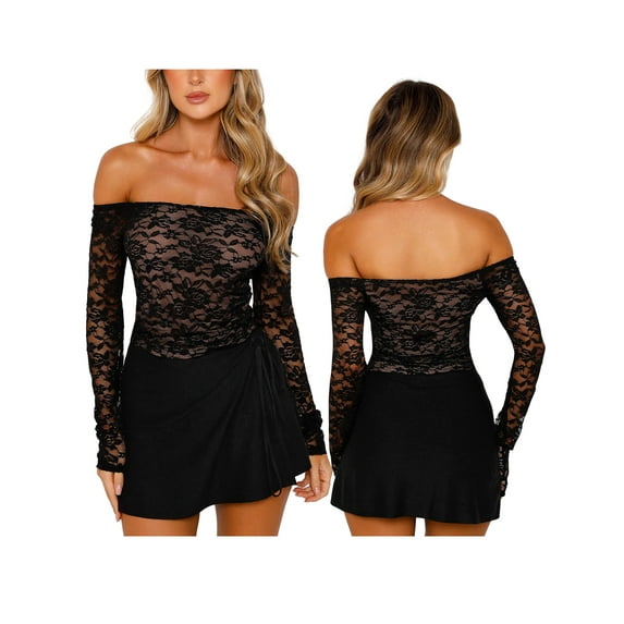 KelaJuan Women Lace Short T-Shirts Boat Neck Long Sleeve Off Shoulder Shirts Spring Fall Backless Slim Fit Tops Streetwear