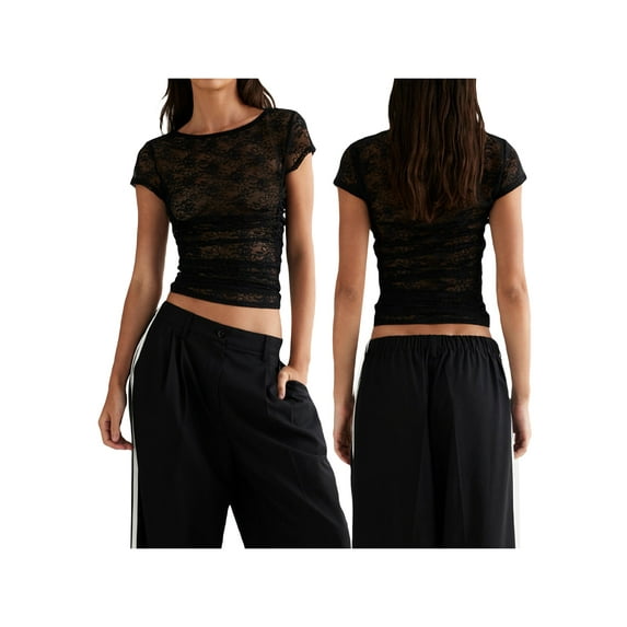 KelaJuan Women Lace T-shirt, Crew Neck Short Sleeve See-through Summer Tops for Club Party