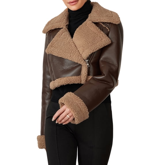 KelaJuan Women Leather Biker Jacket Lightweight Casual Zipper Crop Fleec Cardigan for Outwear Streetwear