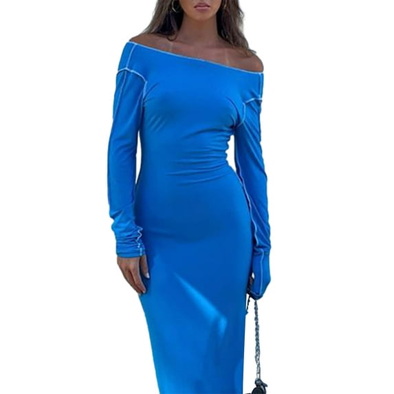 KelaJuan Women Long Dress Bodycon Long Sleeve Backless High Split Dress Tie Up Round Neck Party Dress