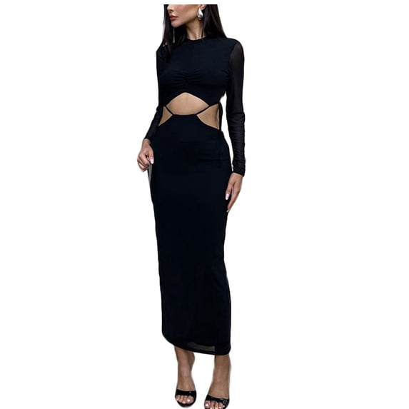 KelaJuan Women Long Dress, Long Sleeve Crew Neck Hollowed Tie-up Cocktail Dress Fall Dress