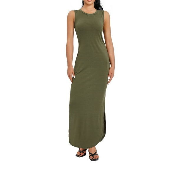 KelaJuan Women Long Dress, Sleeveless Crew Neck Solid Loose Slit Dress Summer Dress for Casual Daily