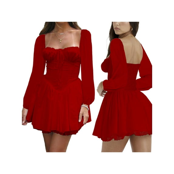 KelaJuan Women Long Sleeve Corset Dress Casual Solid Color Party Mini Dress for Beach Cocktail Club Streetwear