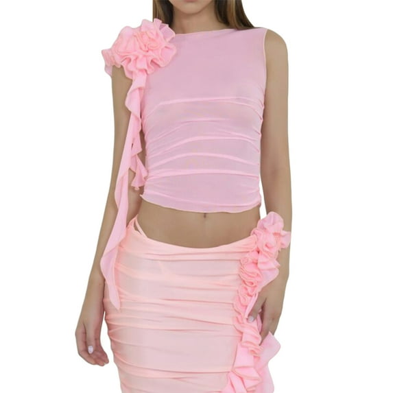 KelaJuan Women Mesh See-Through 3D Floral Tank Top Sexy Ruffle Crop Top Slim Fitted Sleeveless Vest Summer Club Streetwear