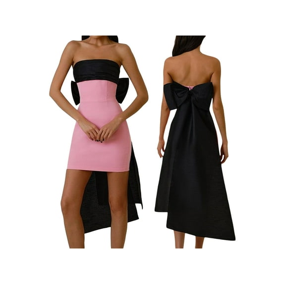KelaJuan Women Mini Bodycon Dress Contrast Color Back Big Bowknot Boat Neck Summer Backless Party Dress
