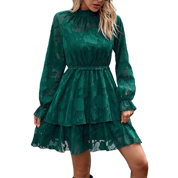 KelaJuan Women Mini Dress, Long Sleeve Crew Neck Jacquard Dress A-line Dress Casual Fall Dress