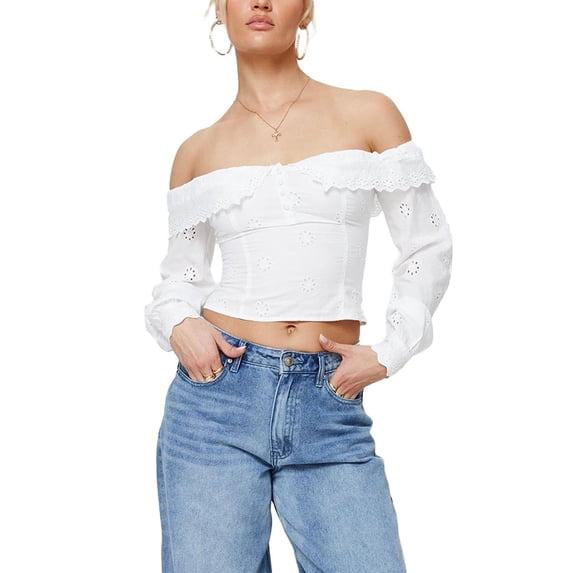 KelaJuan Women Off Shoulder Crop Tops Fairy Grunge Hollow Out Long Sleeve T-Shirt Trendy Flower Pattern Solid Color Tee