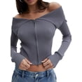 thumbnail image 1 of KelaJuan Women Off Shoulder Sweater Trendy Slim Fit Solid Color Knit Crop Tops Grunge Long Sleeve Zipper Shirt Streetwear, 1 of 6
