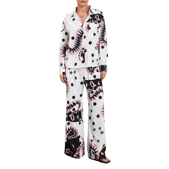 KelaJuan Women Pants Suit, Contrast Color Long Sleeve Shirt with Wide Leg Pants Office Outfit