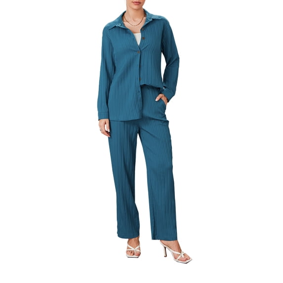 KelaJuan Women Pants Suit, Elegant Long Sleeve Shirt with Elastic Waist Pants Solid Office Outfit