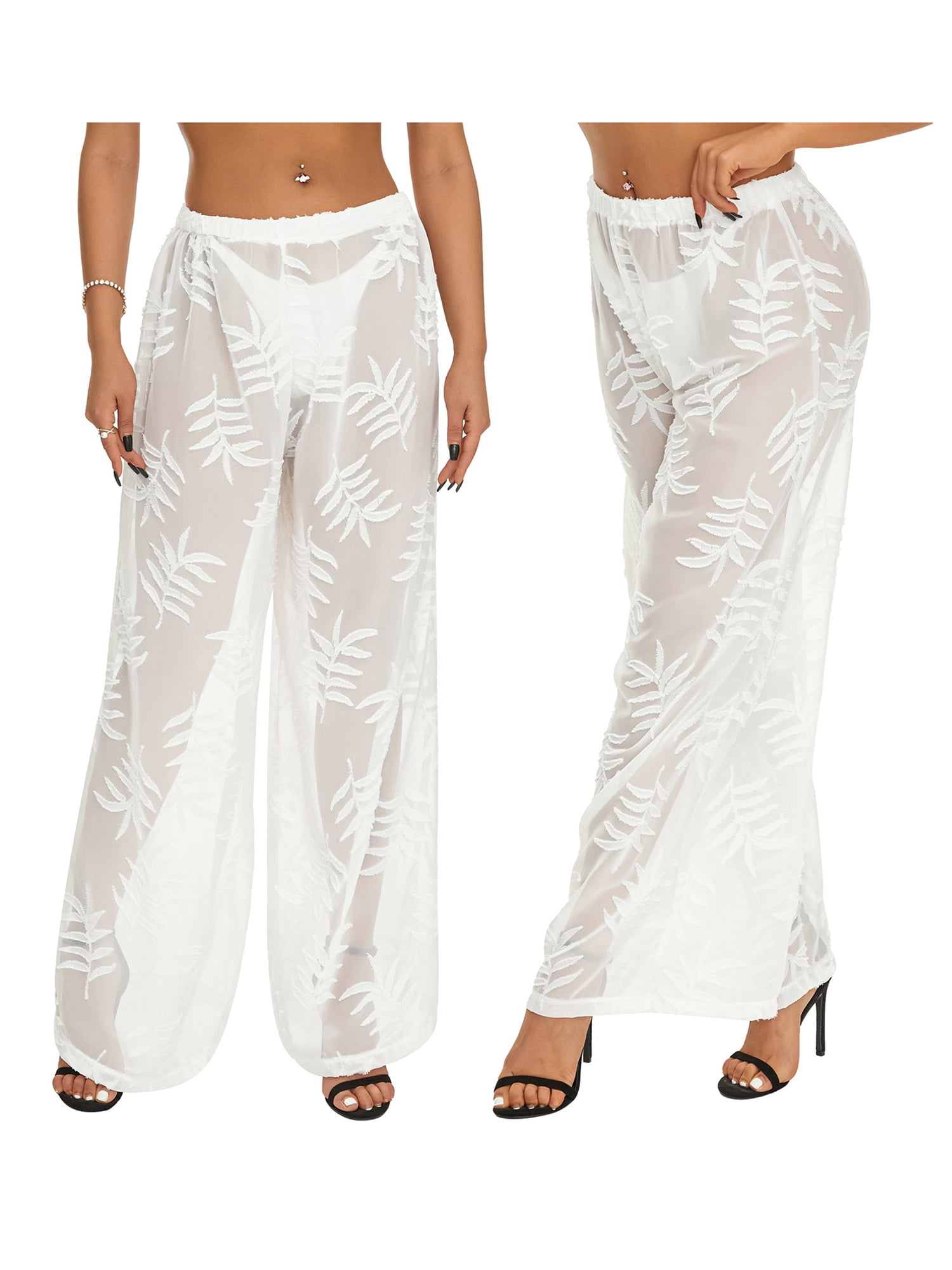 KelaJuan Women Sheer Mesh Beach Pants, High Waist Leaf Pattern Wide Leg
