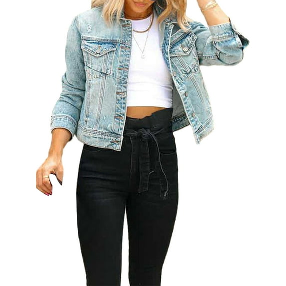 KelaJuan Women Short Washed Denim Jacket Ripped Turn-Down Collar Long Sleeve Button-Down Jeans Jacket Fall Coat Outerwear