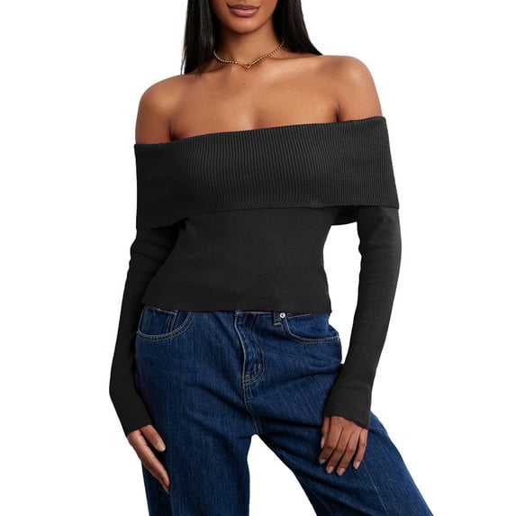 KelaJuan Women Slim Knit Sweater Solid Color Boat Neck Off Shoulder Long Sleeve Pullovers Fall Winter Jumpers Streetwear