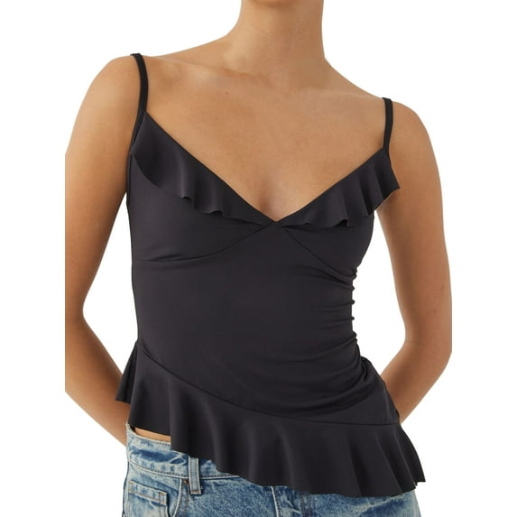 KelaJuan Women Solid Color Camisoles V-Neck Ruffles Sleeveless Backless Tank Tops Summer Vests Short Tops Streetwear