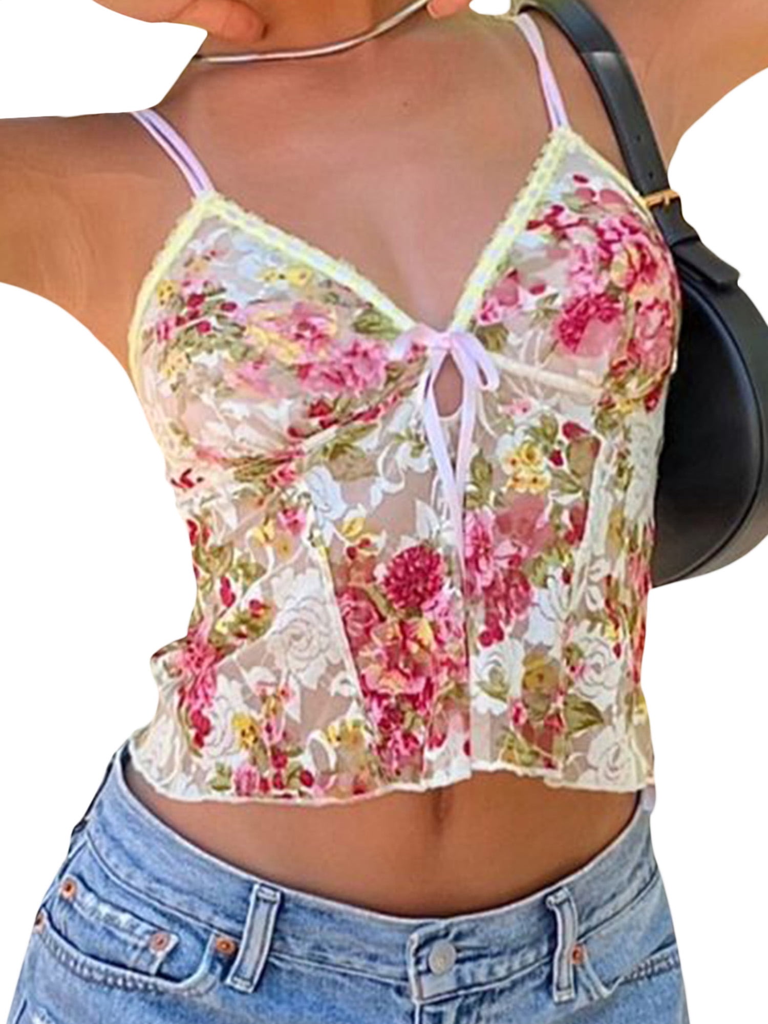 floral lace up tie shoulder tank crop top