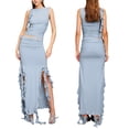 thumbnail image 1 of KelaJuan Women Summer 2 Pieces Outfits Solid Color Crew Neck Sleeveless Tank Tops Ruffles Slit Long Skirts Set, 1 of 7