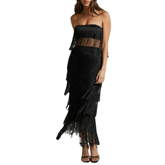 KelaJuan Women Summer Clothes Tassel Hem Strapless Tube Top and Elastic Skirt 2 Piece Outfits Beach Streetwear