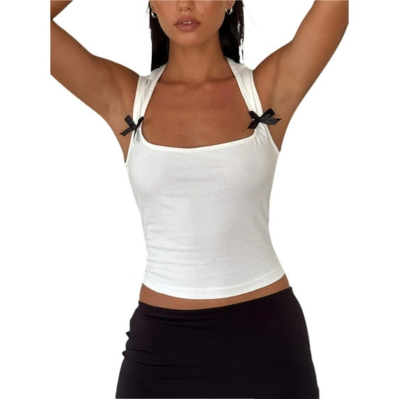 KelaJuan Women Tank Tops Black Bow Embellished Sleeveless Vests Summer Fashion Slim Fit Shirts Crop Tops Streetwear
