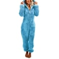 thumbnail image 1 of KelaJuan Women Thick Plush Sleeping Romper with Bear Ear Hat, Long Sleeve Zipper Hooded Jumpsuit for Autumn, Winter, 1 of 6