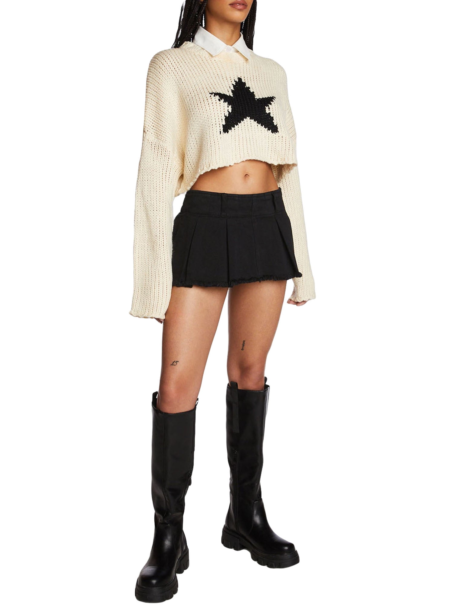 KelaJuan Women Vintage Cropped Sweater Grunge Star Pattern Long Sleeve