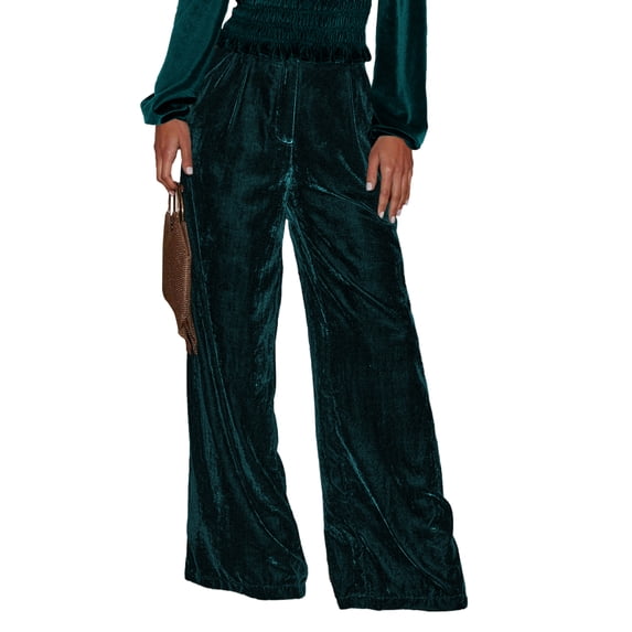 KelaJuan Women Wide Leg Pants Solid Color Casual Loose Velvet Trousers with Pockets for Work Office Streetwear