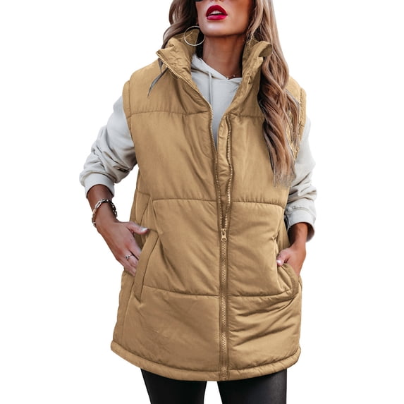 KelaJuan Women Winter Quilted Vest Casual Sleeveless Zipper Closure Stand Collar Solid Color Waistcoat Winter Warm Outwear