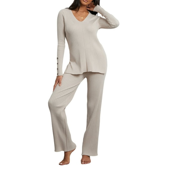 KelaJuan Women's 2 Piece Casual Outfits Long Sleeve V Neck Knit Tops Solid Color Ribbed Wide Leg Pants Sets