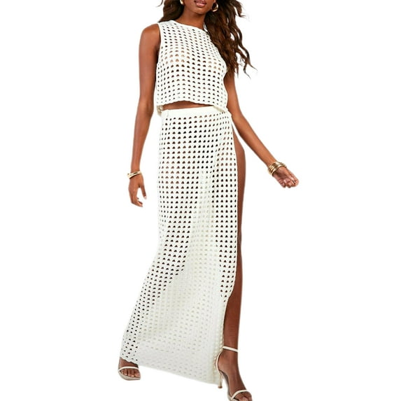 KelaJuan Women’s 2 Piece Crochet Swimsuit Cover Up Sleeveless Knit Tank Tops and Split Skirt Set