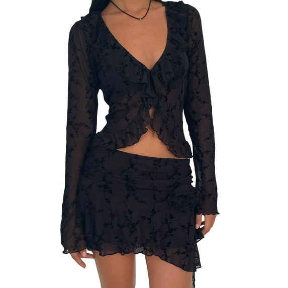 KelaJuan Women's 2 Piece Skirt Outfits Long Sleeve V Neck Lace Floral Tops Black Mini Ruffle Skirt Set