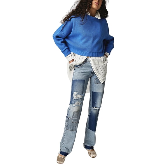 KelaJuan Women's Autumn Cropped Knit Tops Solid Color Ribbed Round Neck Long Sleeve Spring Loose Sweaters Knitwear