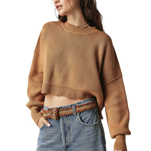 KelaJuan Women's Autumn Cropped Knit Tops Solid Color Ribbed Round Neck Long Sleeve Spring Loose Sweaters Knitwear