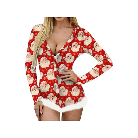 KelaJuan Women's Christmas Fluffy Trim Romper Sexy Long Sleeve One Piece Pajamas Jumpsuit Bodysuits
