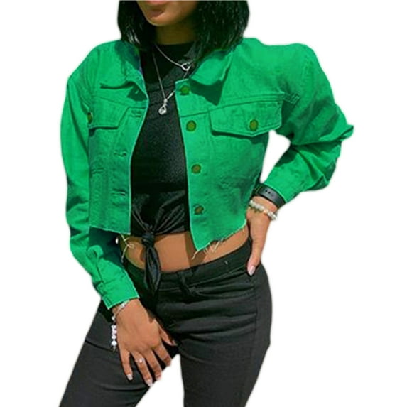 KelaJuan Women's Denim Short Coat, Solid Color Long Sleeve Lapel Jacket Button Down Distressed Hem Crop Jeans Coat
