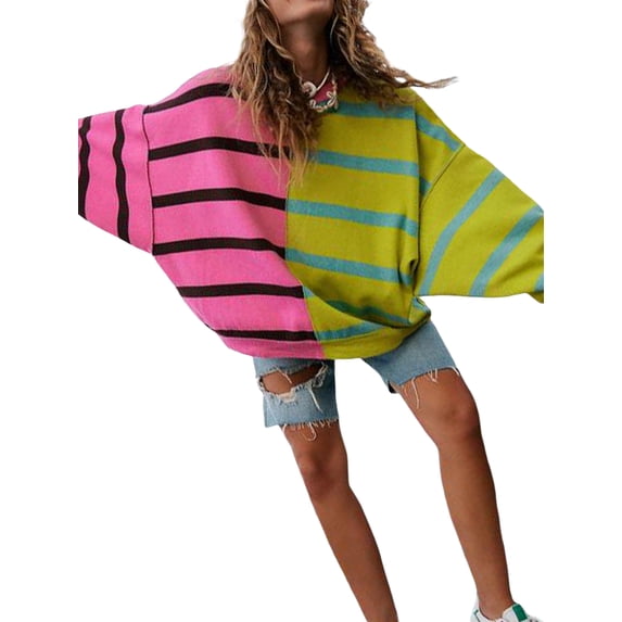 KelaJuan Women's Fall Oversized Pullover, Stripe Print Patchwork Long Sleeve Round Neck Sweatshirt Tops
