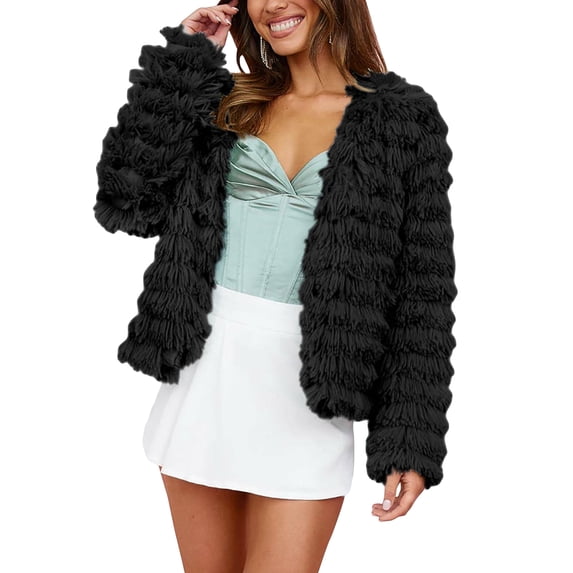 KelaJuan Women’s Fuzzy Faux Fur Coat Winter Warm Long Sleeve Open Front Cropped Jacket Outerwear