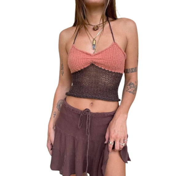 KelaJuan Women’s Halter Crop Cami Tops, Sleeveless Contrast Color Slim Fit Ruched Knit Camisole