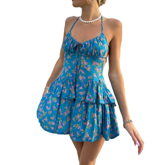KelaJuan Women’s Halter Neck Dress Front Back Tie Layered Floral Print Backless Short Dress