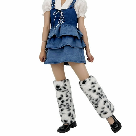 KelaJuan Women's Knee High Socks Plush Furry Leopard Leg Warmers Leg Sleeves for Travel, Dating, Party