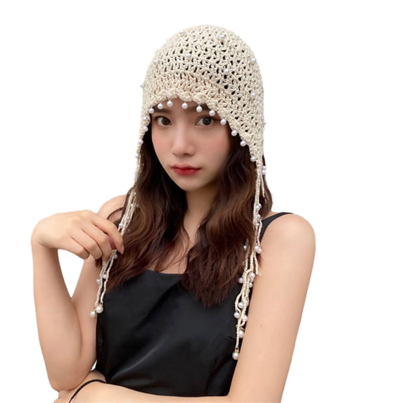 KelaJuan Women's Knitted Hat Cute Elegant Hollow Out Crochet Skull Cap with Pearl Tassel Vintage Beanies Accessories
