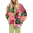 thumbnail image 1 of KelaJuan Women's Loose Retro Coat, Graphic Pattern Contrast Color Long Sleeve Front Zipper Bomber Jacket, 1 of 6