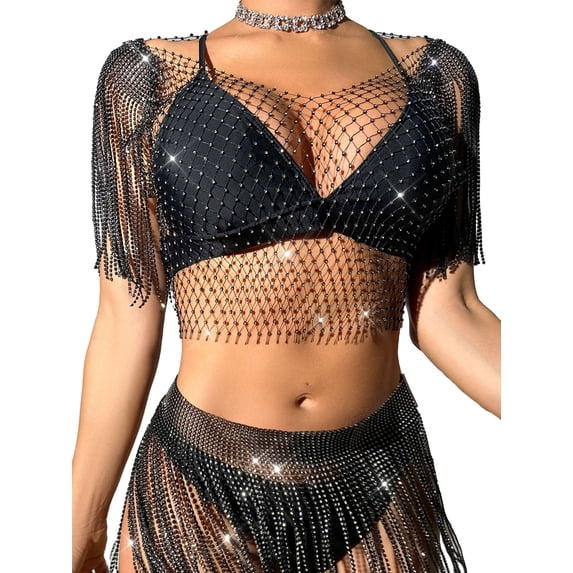 KelaJuan Women's Mesh Tank Tops Diamond Hollow Out See Through Tassel Tops for Club Rave Outfit