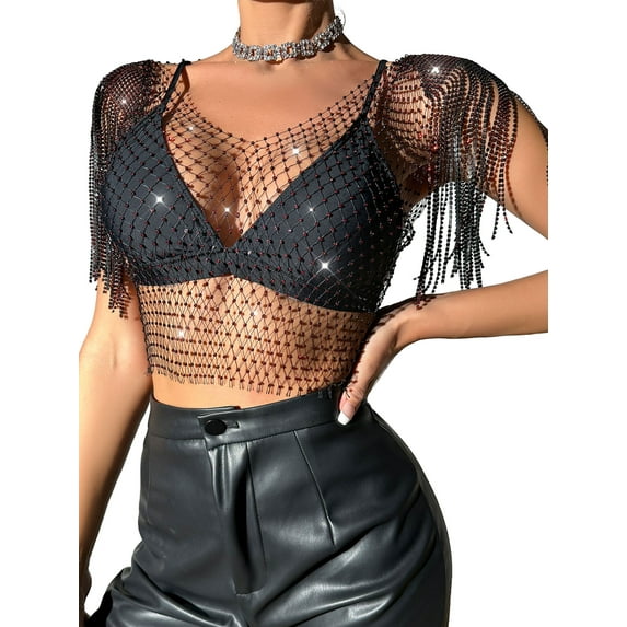 KelaJuan Women's Mesh Tank Tops Diamond Hollow Out See Through Tassel Tops for Club Rave Outfit