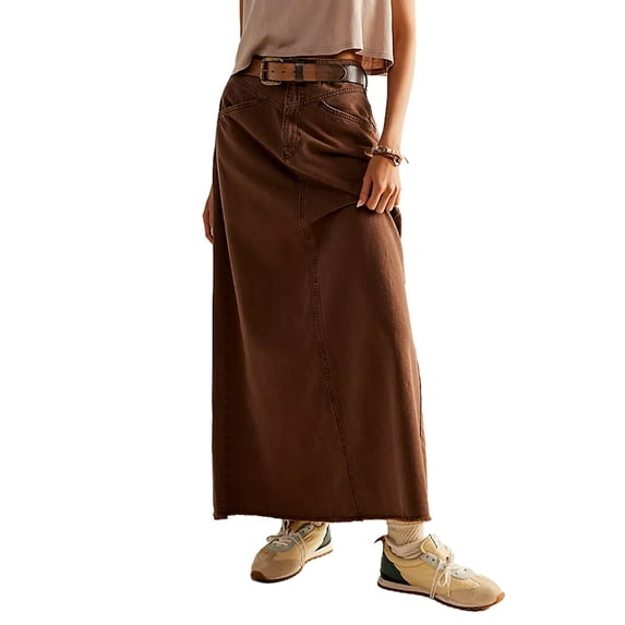 KelaJuan Women's Mid Waist Denim Skirt Solid Color Long A-line Skirt with Pockets for School, Work, Shopping