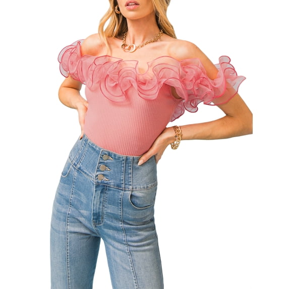 KelaJuan Women’s Off Shoulder Bodysuit, Sleeveless Organza Ruffle Solid Color Slim Fit Leotard Tops